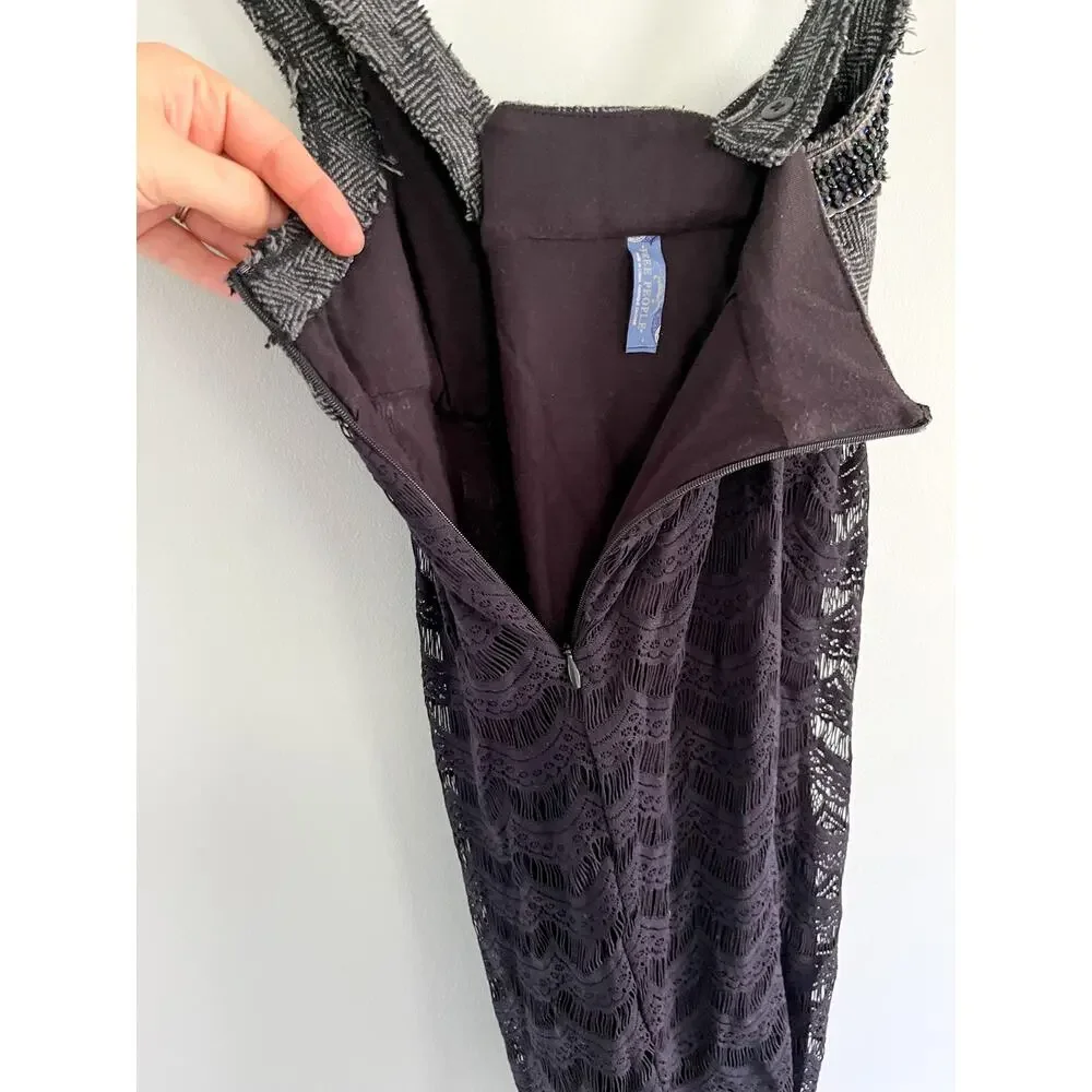 Free People | All The Right Moves Gray and Black Beaded Tweed Lace Dress | Sz 4